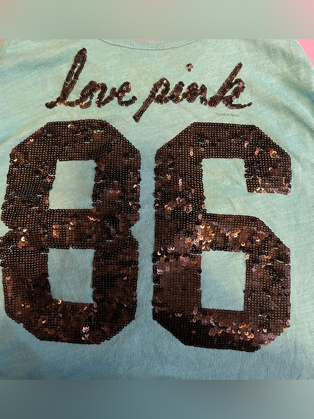 PINK Victoria's Secret Turquoise Racer Back Tee with Black Sequined '86'